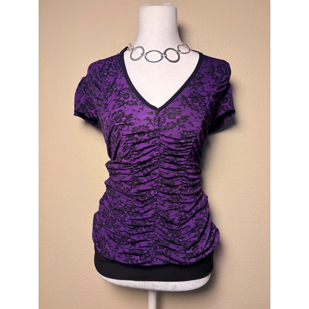 Y2K Scene Tempted Purple Black Floral Lace Print Ruched Short Sleeve Top M #9